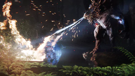 HD PC desktop wallpaper from the video game Evolve: a towering monster breathes a jet of fire at an armored hunter in a rain-soaked jungle, sparks and foliage lit by the blaze.