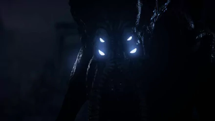 HD PC desktop wallpaper from the Evolve video game: a shadowy monster with multiple glowing white eyes emerging from the darkness.