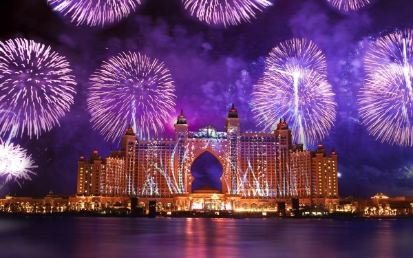 Man Made Atlantis, The Palm Night Atlantis Hotel Dubai Hotel Celebration Colors Light Fireworks HD Wallpaper | Background Image