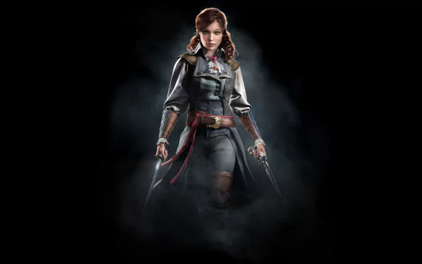 Élise de la Serre from Assassin's Creed: Unity stands confidently with weapons drawn, surrounded by a misty atmosphere, serving as a striking HD wallpaper for fans of the game.