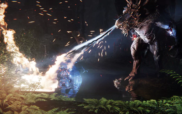 HD PC desktop wallpaper from the video game Evolve: a towering monster breathes a jet of fire at an armored hunter in a rain-soaked jungle, sparks and foliage lit by the blaze.