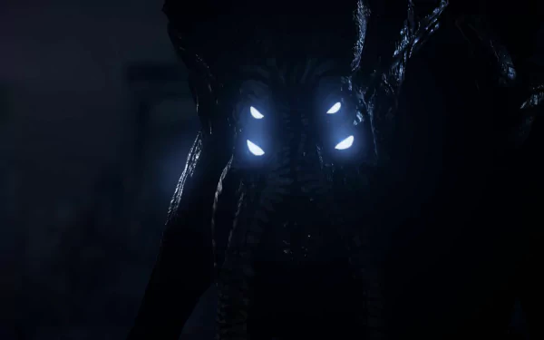 HD PC desktop wallpaper from the Evolve video game: a shadowy monster with multiple glowing white eyes emerging from the darkness.