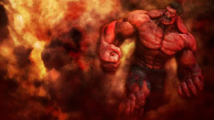 HD desktop wallpaper featuring the Hulk, depicted in a fiery and dramatic background, showcasing his immense strength and power.
