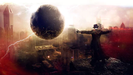 A dramatic sci-fi scene features a figure in a trench coat standing atop a cityscape, with a swirling black hole looming above, set against a backdrop of lightning and urban architecture.
