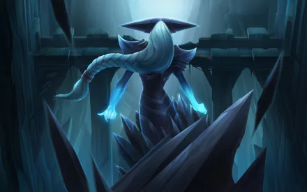 Lissandra from League of Legends stands poised in a dark, icy setting, her glowing blue hands contrasting with the shadowy backdrop, perfect for a HD PC desktop wallpaper.