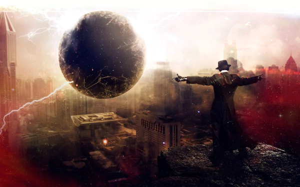 A dramatic sci-fi scene features a figure in a trench coat standing atop a cityscape, with a swirling black hole looming above, set against a backdrop of lightning and urban architecture.