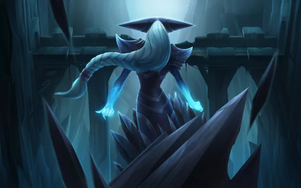 Lissandra from League of Legends stands poised in a dark, icy setting, her glowing blue hands contrasting with the shadowy backdrop, perfect for a HD PC desktop wallpaper.