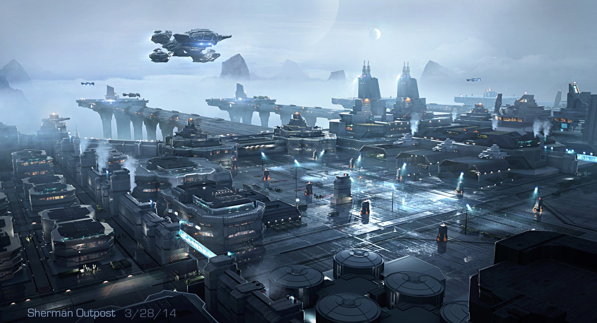 A stunning 4K Ultra HD wallpaper depicting a futuristic cityscape from the video game Star Citizen, featuring advanced spacecraft and a sleek, illuminated environment.