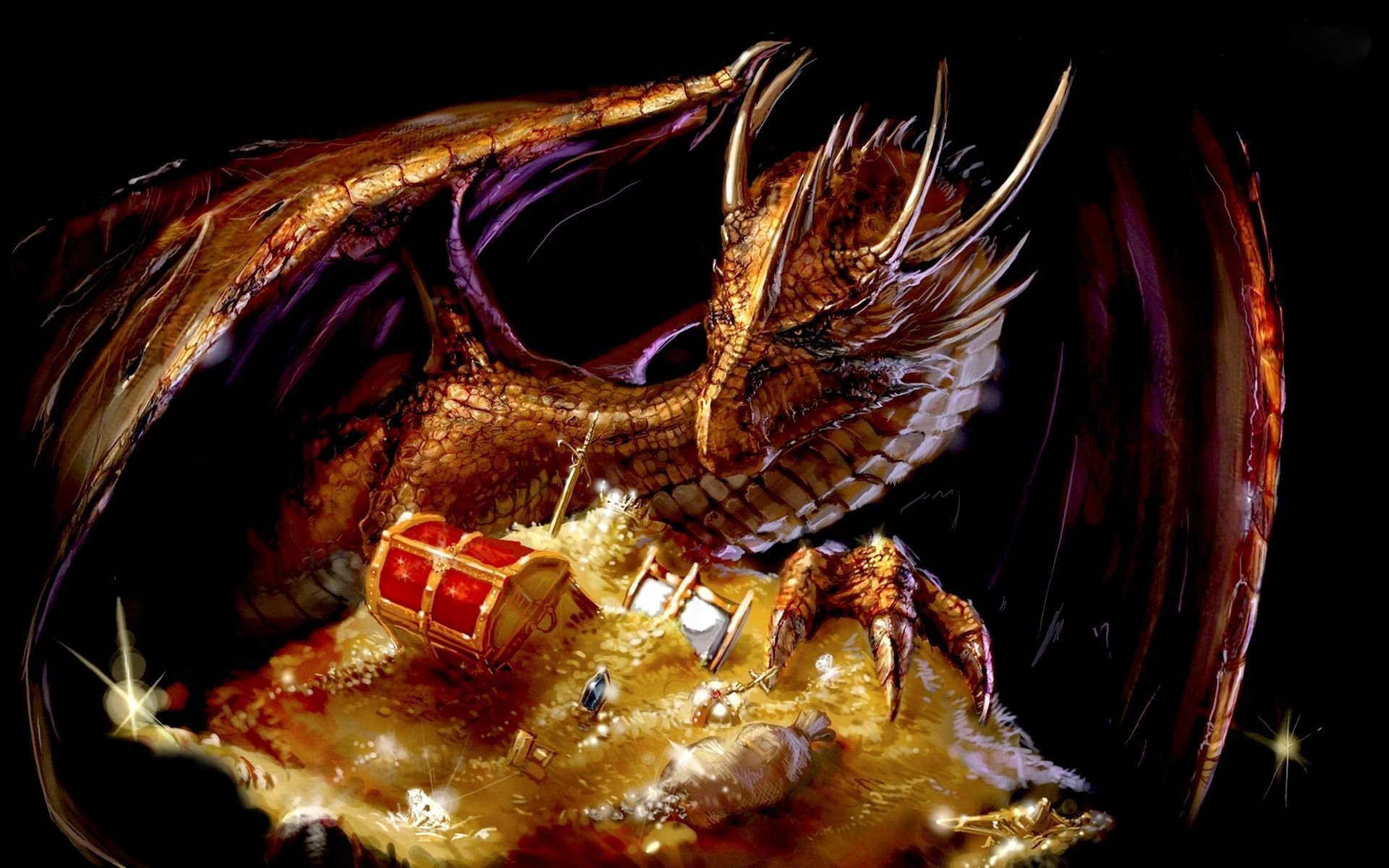 HD fantasy PC desktop wallpaper featuring a detailed dragon resting on a rocky surface illuminated by a faint, magical glow.