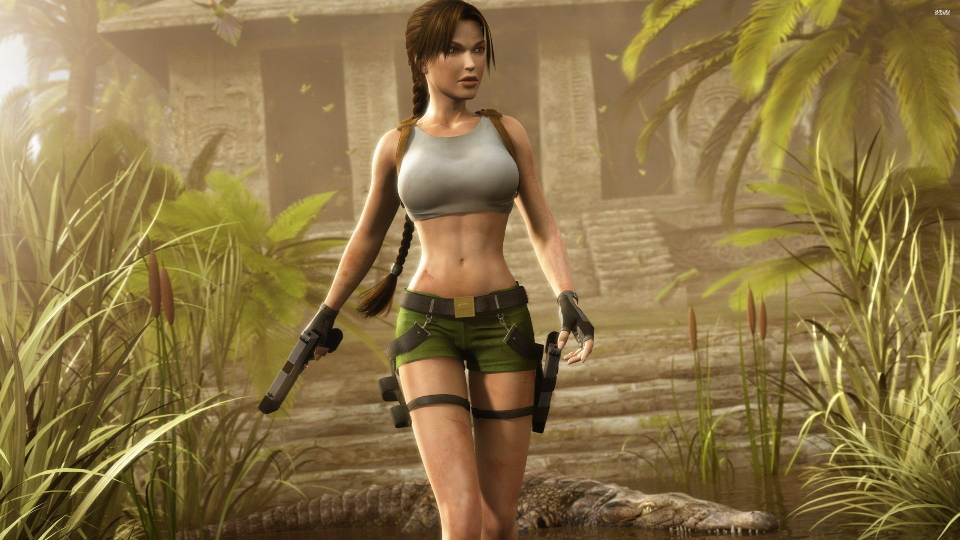 Lara Croft from Tomb Raider strides confidently through a lush jungle, holding dual pistols, set against an ancient temple backdrop. An exciting HD wallpaper for video game enthusiasts.