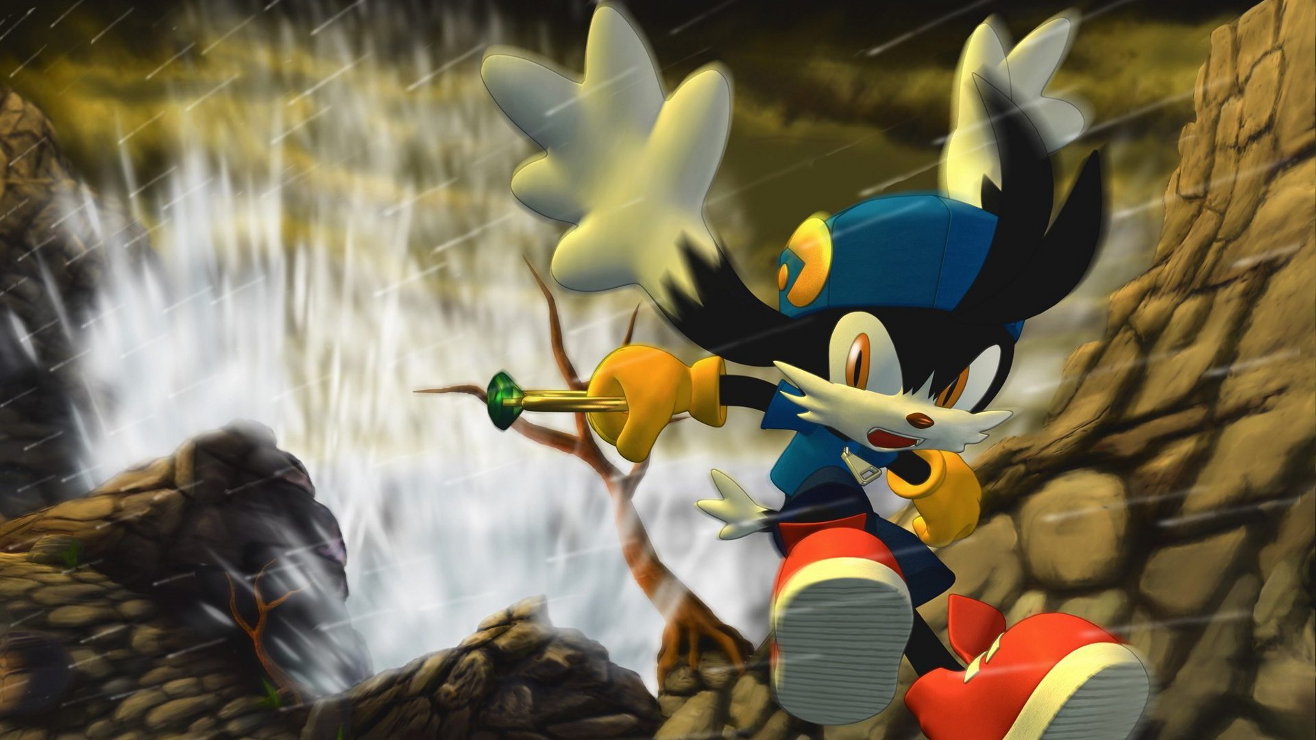 HD PC desktop wallpaper featuring Klonoa, the video game character, posed dynamically in front of a cascading waterfall and rocky landscape.