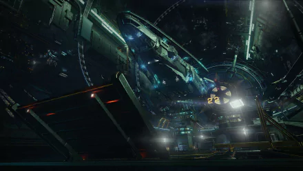 HD PC desktop wallpaper showcasing a detailed space station scene from the video game Elite: Dangerous, featuring futuristic spacecraft and glowing lights.