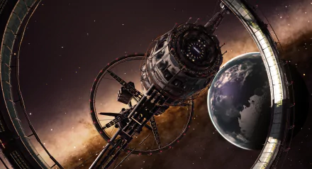 A stunning HD wallpaper depicting a space station orbiting a planet, inspired by the video game Elite: Dangerous, set against a backdrop of cosmic beauty.