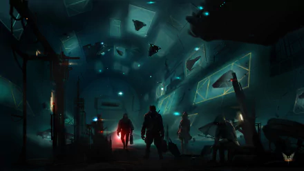 Dark sci‑fi hangar scene from the video game Elite: Dangerous, silhouetted crew and starfighters bathed in teal and red light — 2K Quad HD PC desktop wallpaper and background.