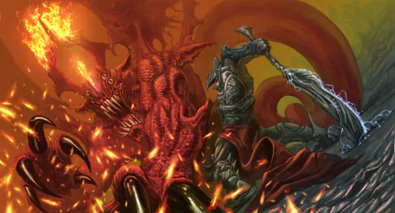 4K Ultra HD PC desktop wallpaper depicting a dark, fierce battle between a heavily armored warrior and a fiery red demon amidst swirling flames and shadows.