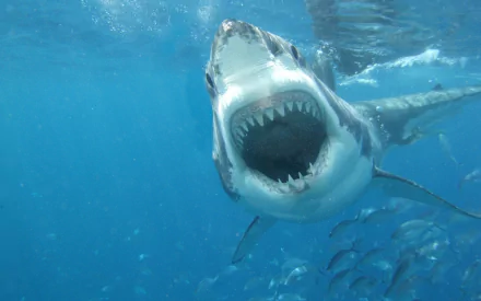 A striking HD wallpaper featuring a great white shark with its mouth open underwater, surrounded by schools of fish, showcasing the beauty and power of marine life.