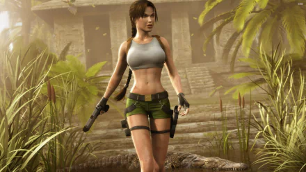 Lara Croft from Tomb Raider strides confidently through a lush jungle, holding dual pistols, set against an ancient temple backdrop. An exciting HD wallpaper for video game enthusiasts.