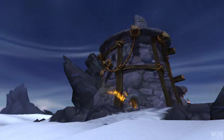 A snowy, rocky landscape featuring a stone tower under a dark, cloudy sky from the World of Warcraft: Warlords of Draenor video game, shown as a HD PC desktop wallpaper.
