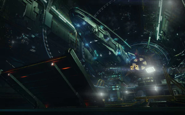 HD PC desktop wallpaper showcasing a detailed space station scene from the video game Elite: Dangerous, featuring futuristic spacecraft and glowing lights.