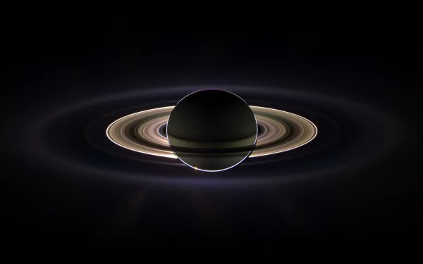 HD PC desktop wallpaper: sci‑fi view of Saturn — a shadowed planet centered within luminous concentric rings against a deep, starless space backdrop.