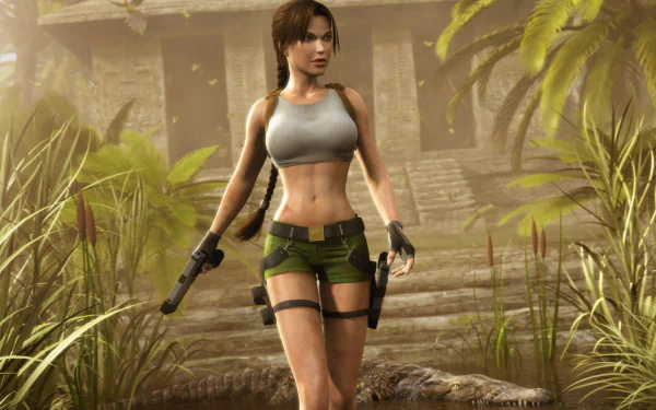 Lara Croft from Tomb Raider strides confidently through a lush jungle, holding dual pistols, set against an ancient temple backdrop. An exciting HD wallpaper for video game enthusiasts.