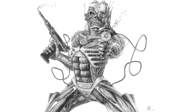Black and white 8K Ultra HD Iron Maiden-themed artwork featuring a detailed cyborg figure holding a gun, designed as a PC desktop wallpaper and background.