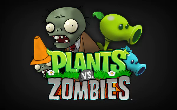 HD PC desktop wallpaper featuring characters and logo from the video game Plants vs. Zombies on a dark background.