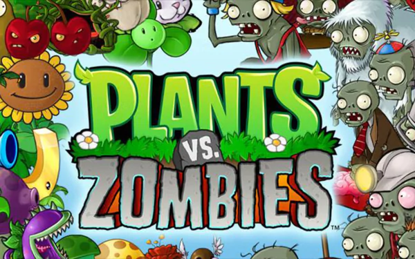 Colorful HD wallpaper featuring characters from the popular video game Plants Vs. Zombies, showcasing a whimsical battle between various plants and zombies.
