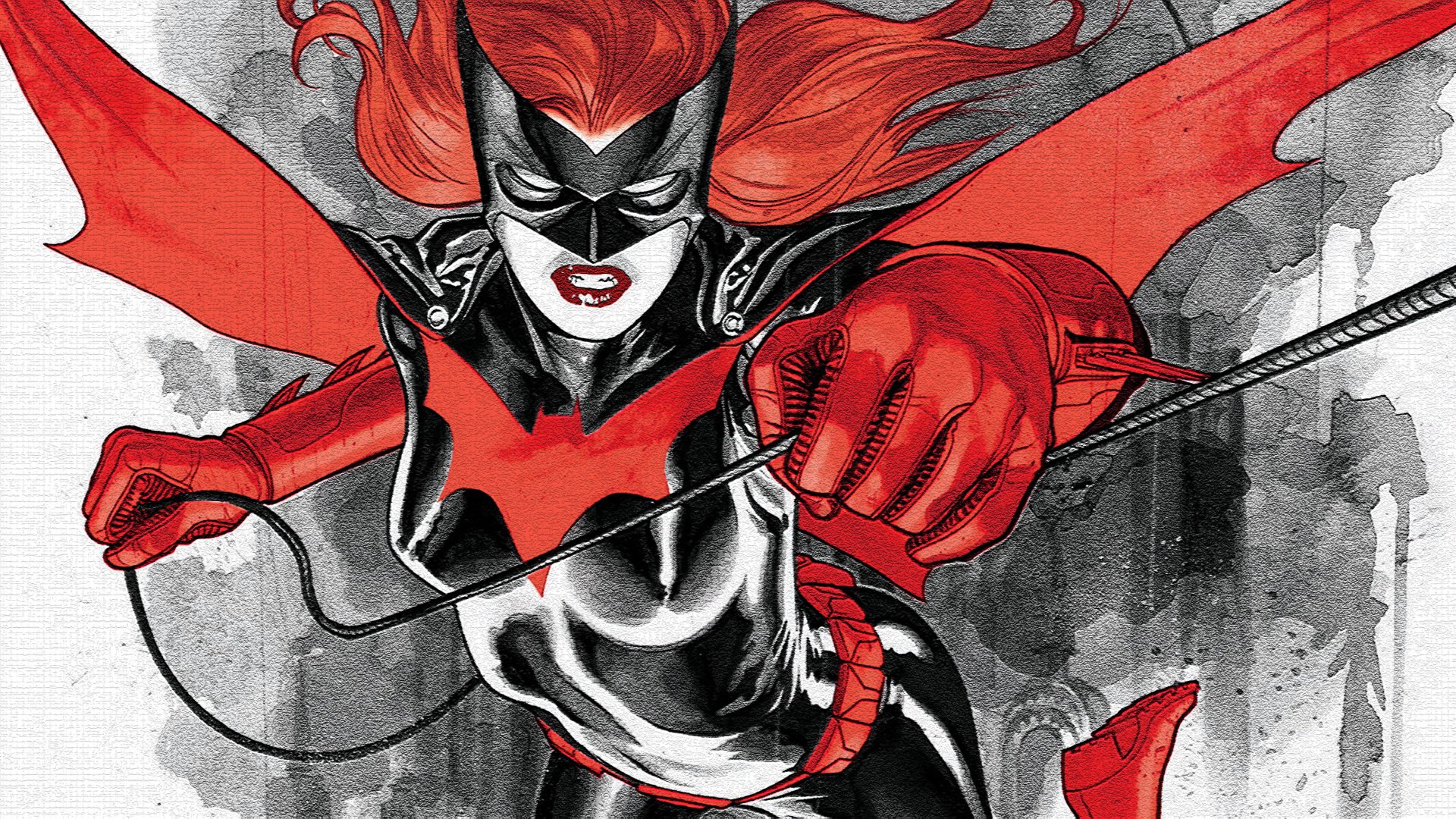 Comic Batwoman in red-and-black suit lunges forward, cape and hair whipping, whip extended — high-contrast ink illustration rendered in 4K Ultra HD PC desktop wallpaper/background.