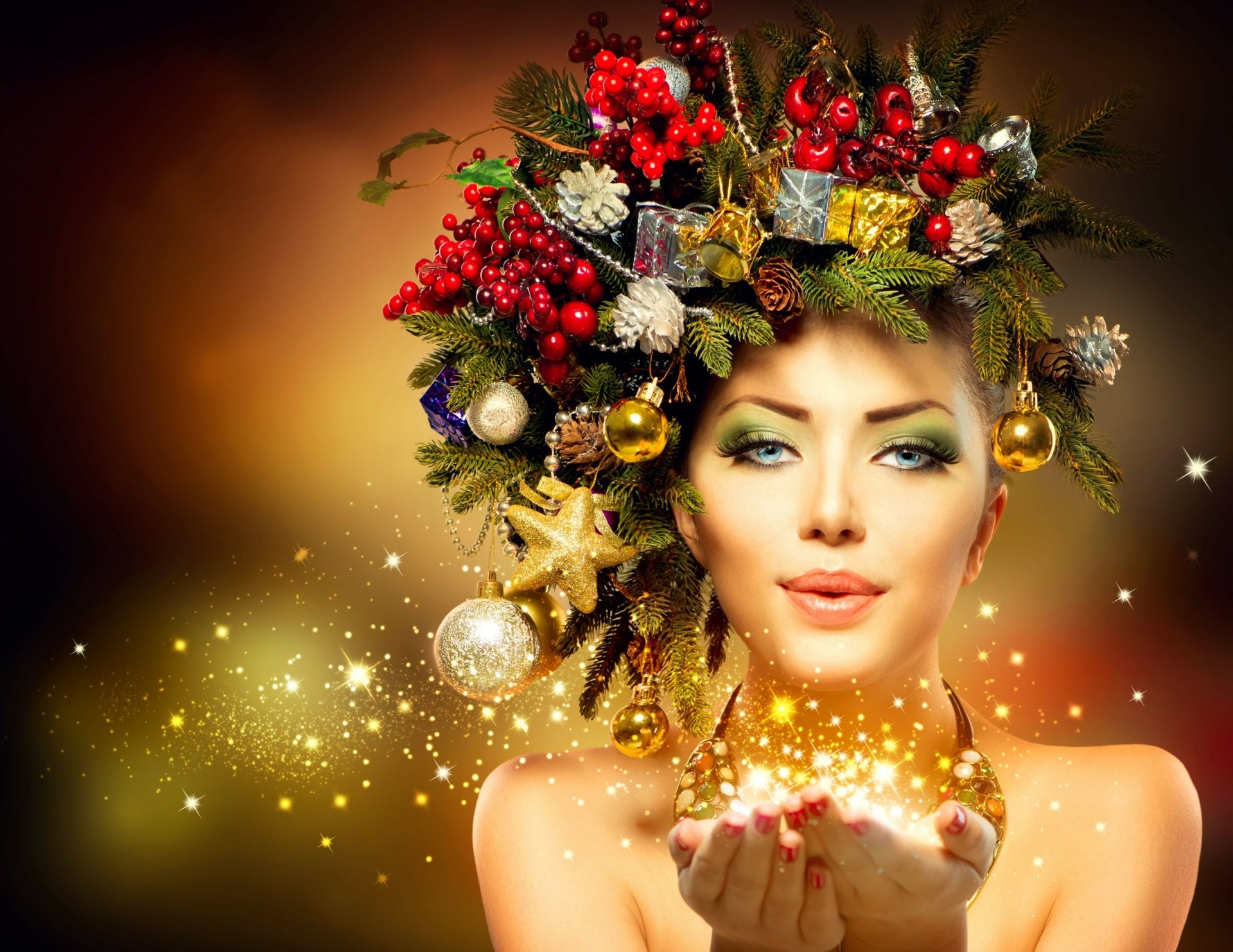 A woman adorned with holiday-themed headpieces, holding glowing sparkles in her hands against a festive background. This HD desktop wallpaper captures the joy and sparkle of the holiday season.