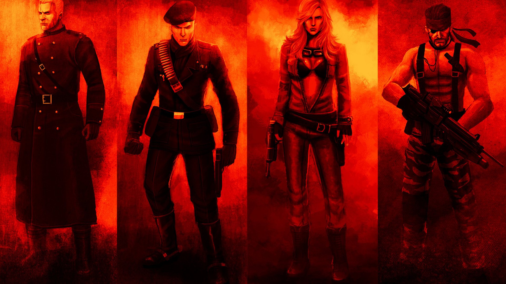 HD PC desktop wallpaper featuring four characters from the video game Metal Gear Solid 3: Snake Eater standing against a fiery red background.