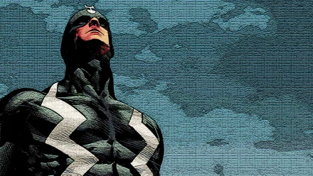 HD comic-style desktop wallpaper of Black Bolt looking upward against a textured cloudy sky background.