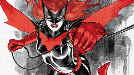 Comic Batwoman in red-and-black suit lunges forward, cape and hair whipping, whip extended — high-contrast ink illustration rendered in 4K Ultra HD PC desktop wallpaper/background.