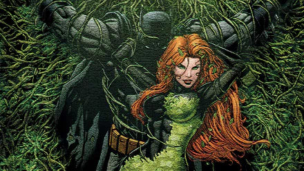 Comic art from Batman: Detective Comics — Poison Ivy entwined in vines with a shadowed Batman silhouette behind; HD PC desktop wallpaper/background.