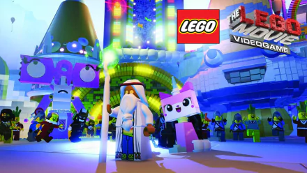 HD PC desktop wallpaper of The LEGO Movie - Videogame: colorful LEGO characters, including a wizard and Unikitty, posing in a neon city square beneath LEGO and game logos