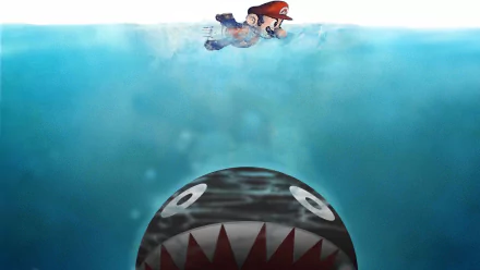 HD PC desktop wallpaper showing Mario swimming at the surface above a large toothy sea creature rising from deep blue water — video game Mario background.