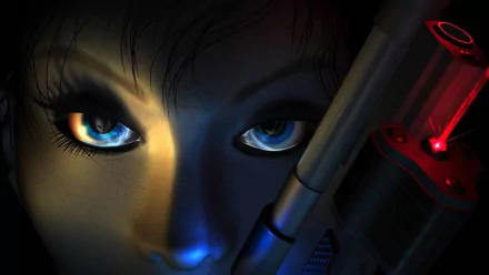 HD PC desktop wallpaper featuring a close-up of a character's intense blue eyes and a futuristic weapon from the video game Perfect Dark.
