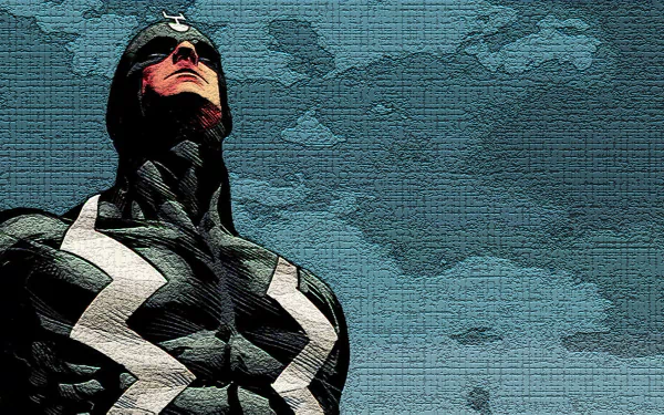 HD comic-style desktop wallpaper of Black Bolt looking upward against a textured cloudy sky background.