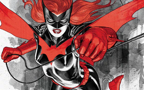 Comic Batwoman in red-and-black suit lunges forward, cape and hair whipping, whip extended — high-contrast ink illustration rendered in 4K Ultra HD PC desktop wallpaper/background.