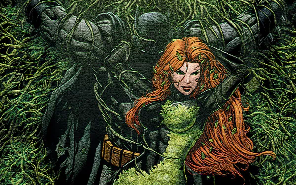 Comic art from Batman: Detective Comics — Poison Ivy entwined in vines with a shadowed Batman silhouette behind; HD PC desktop wallpaper/background.