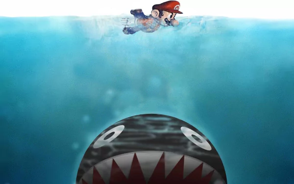 HD PC desktop wallpaper showing Mario swimming at the surface above a large toothy sea creature rising from deep blue water — video game Mario background.