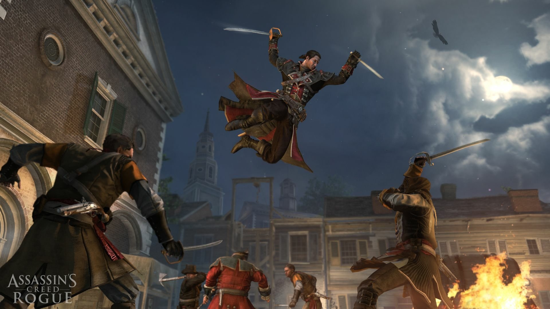 HD PC desktop wallpaper from the video game Assassin's Creed: Rogue showing a character mid-air during a nighttime battle with opponents below.