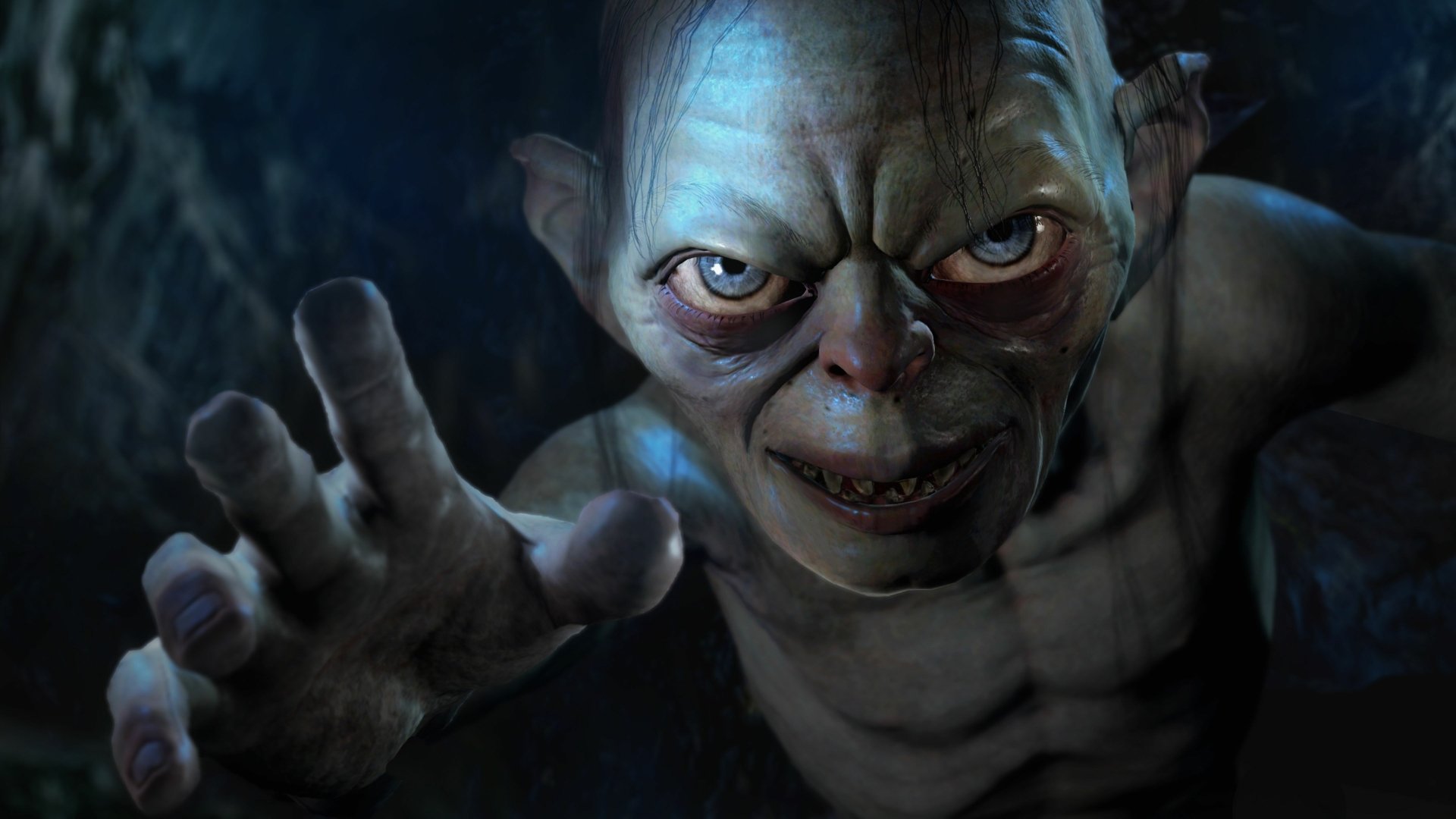Close-up 4K Ultra HD desktop wallpaper of Gollum from the video game Middle-earth: Shadow of Mordor, showcasing detailed facial features and intense expression.