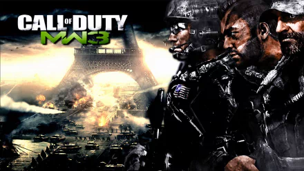High-definition desktop wallpaper featuring characters from Call of Duty: Modern Warfare 3, set against a dramatic background with the Eiffel Tower and an explosive battle scene.