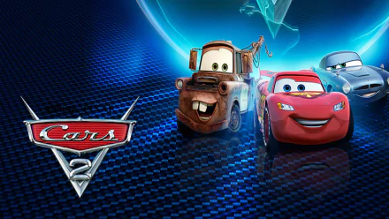 HD PC desktop wallpaper from the video game Cars 2 showing Lightning McQueen and Mater racing on a blue tech-patterned background with the Cars 2 emblem.
