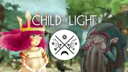 HD PC desktop wallpaper from the video game Child of Light: crowned red-haired girl and a long-bearded elf-like companion beside the game title and emblem.