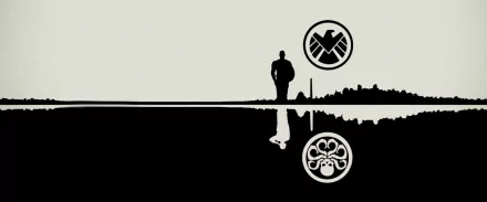 HD PC wallpaper: comic-style black-and-white image of a lone silhouetted figure by a mirrored skyline, S.H.I.E.L.D. emblem above and Hydra emblem below — Agents of S.H.I.E.L.D.