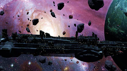 Sci‑fi HD PC desktop wallpaper/background: a colossal spaceship glides through an asteroid field with a vivid nebula and a green planet filling the starry backdrop.