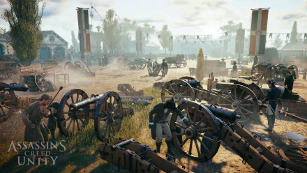 HD desktop wallpaper of a scene from Assassin's Creed: Unity, featuring cannons and soldiers in a revolutionary setting.