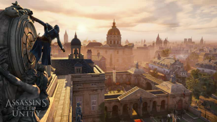 A stunning 4K Ultra HD wallpaper showcasing a panoramic view of Paris in Assassin's Creed: Unity, highlighting intricate architecture and a vibrant sunset.